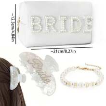Bridal Gift Set With Pearl Canvas Makeup Bag, Hair Clip, Heart-Shaped Bracelet And Claw Clip, Wedding Party Accessories Keepsake Gift - Makeup Bag - View 6