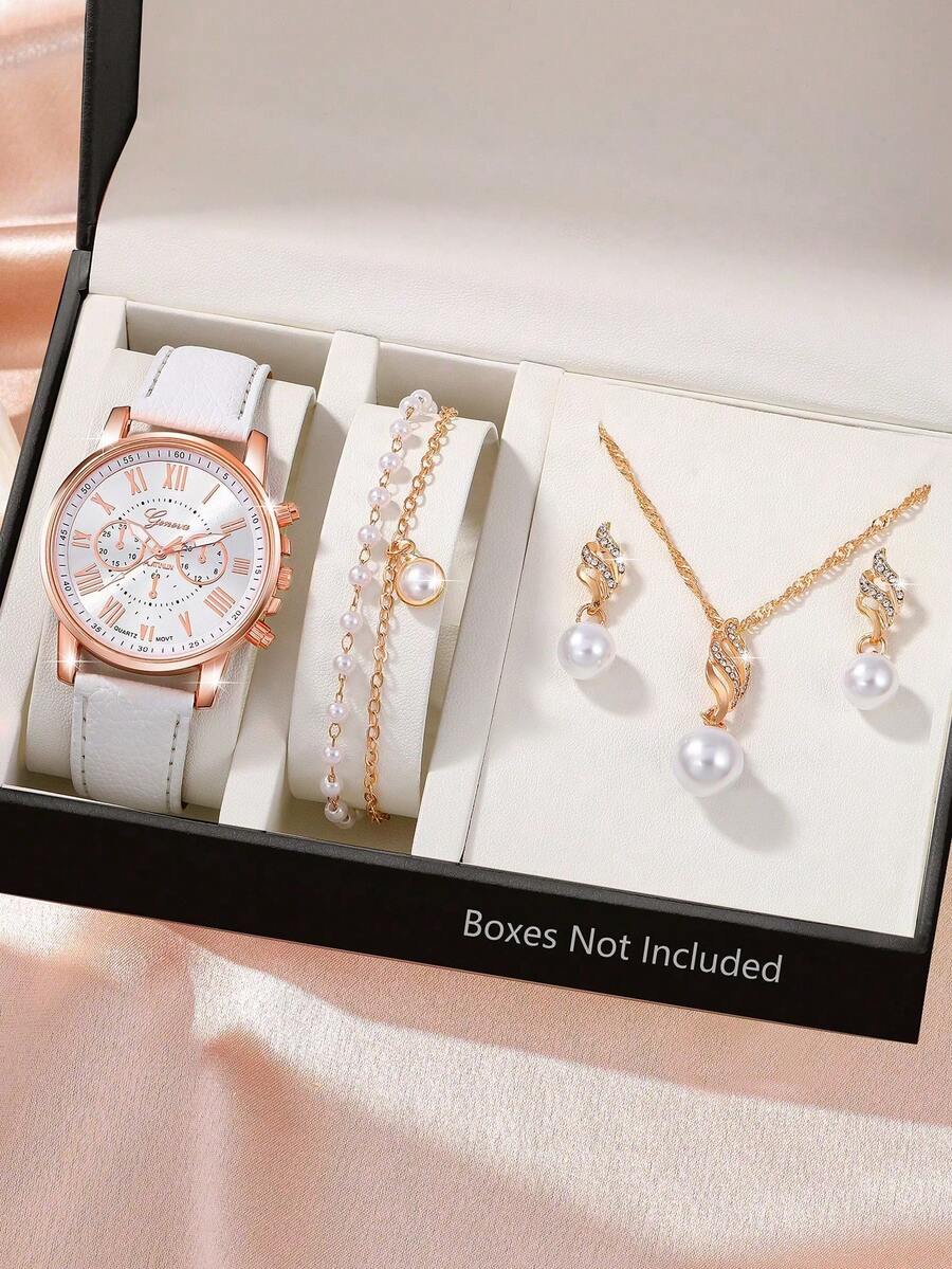 5pcs/Set Fashion PU Leather Strap Alloy Quartz Watch Set - White - View 1