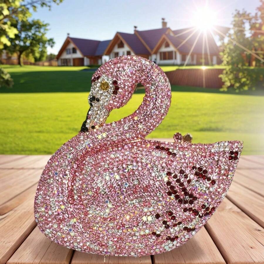 Swan Shaped Diamonds Evening Bags New Gorgeous Sparkling Rhinestones Metallic Clutch Purses And Handbags Wedding Party Women Luxury Swan Rhinestone Evening Clutch Elegant Crystal Purse Bridal Wedding Handbag For Prom Cocktail Party - 粉色 - 查看 1