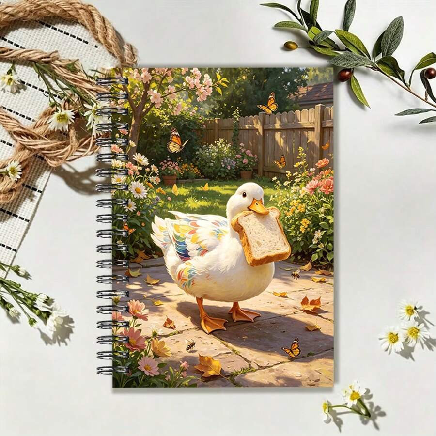 1pc A5 Notebook, Colorful Illustration Of Duck Holding Bread In Garden Cover, Spiral Bound Journal, Suitable For Back To School, Daily Notes And Life Events - A5 - View 1