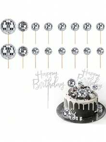 17pcs Laser Ball Cake Decoration Set, Mirror Disco Ball Cake Decor, Birthday Cake Decoration, Disco Party Supplies, Silver Acrylic Happy Birthday Cake Topper (Use With White Sticks) - Laser - View 1