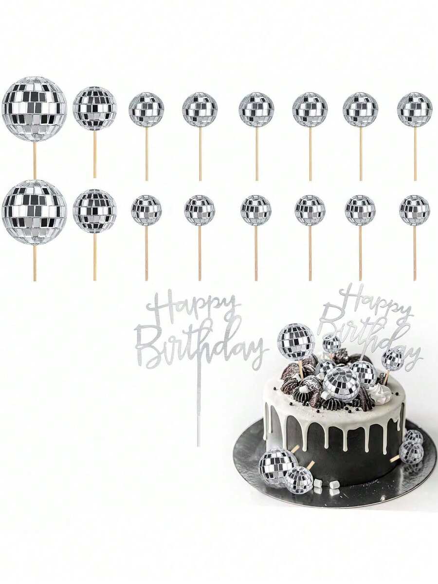 17pcs Laser Ball Cake Decoration Set, Mirror Disco Ball Cake Decor, Birthday Cake Decoration, Disco Party Supplies, Silver Acrylic Happy Birthday Cake Topper (Use With White Sticks) - Laser - View 1