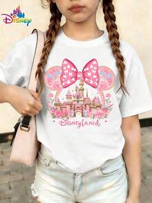 Disney "Castle Princess" Themed Short-Sleeved T-Shirt For Girls, Minnie Mouse Bow Print Top, Dreamy Pink Design, Suitable For Children's Playgrounds/Birthday Parties/Everyday Wear, Sweet And Cute Style. - 白色 - 查看 1
