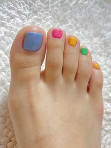 24pcs Elegant Dopamine Color Solid Nail Stickers, Fashionable Blue, Purple, Yellow, Green Candy Colors Toenail Stickers For Women And Girls, Comes With 1pc Jelly Gel And 1pc Nail File. Jelly Gel Color Is Randomly Shipped. Nails - Multicolor - View 1