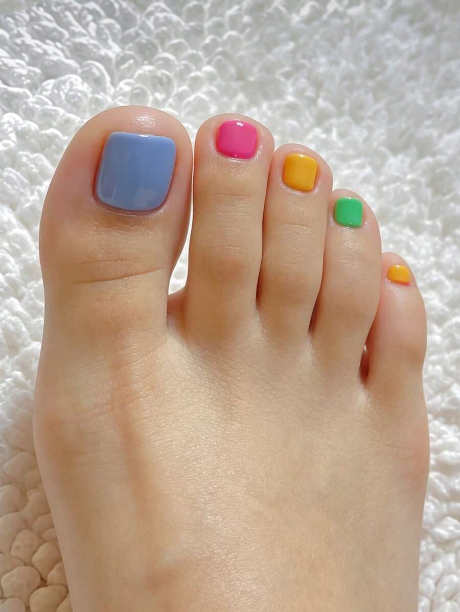 24pcs Elegant Dopamine Color Solid Nail Stickers, Fashionable Blue, Purple, Yellow, Green Candy Colors Toenail Stickers For Women And Girls, Comes With 1pc Jelly Gel And 1pc Nail File. Jelly Gel Color Is Randomly Shipped. Nails - Multicolor - View 1