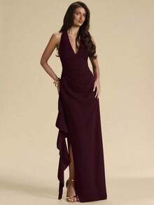 Vestido de dama de honor para primavera/verano, vestido de fiesta, vestido largo rojo con escote en V profundo, cuello halter, sexy, con volantes y abertura alta, vestido envolvente con volantes para mujer, elegante vestido maxi con cuello en V y halter con volantes para mujer - Granada - Ver 5