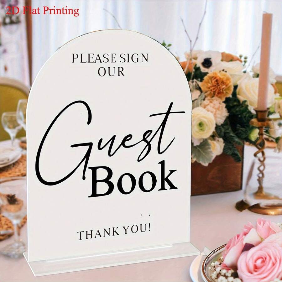 كتاب ضيوف زهري أنيق مع حامل، ديكور زفاف أكريليك بخط جميل، تصميم "من فضلك وقع علينا"، مثالي للأعراس والمناسبات، لا يحتاج إلى طاقة، يشمل الشموع والورود، ديكور زفاف - قوس - مشاهدة 1