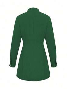 Vestido corto elegante de mujer con manga larga, estilo de moda casual con solapa y decoración de botones, para primavera y otoño - Verde - Ver 4