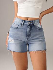 Quần short denim xanh nữ mặc thường ngày mùa hè, phong cách ống đứng không co giãn, mài rách, phù hợp cho trang phục mùa hè - Màu xanh lam - Xem 2