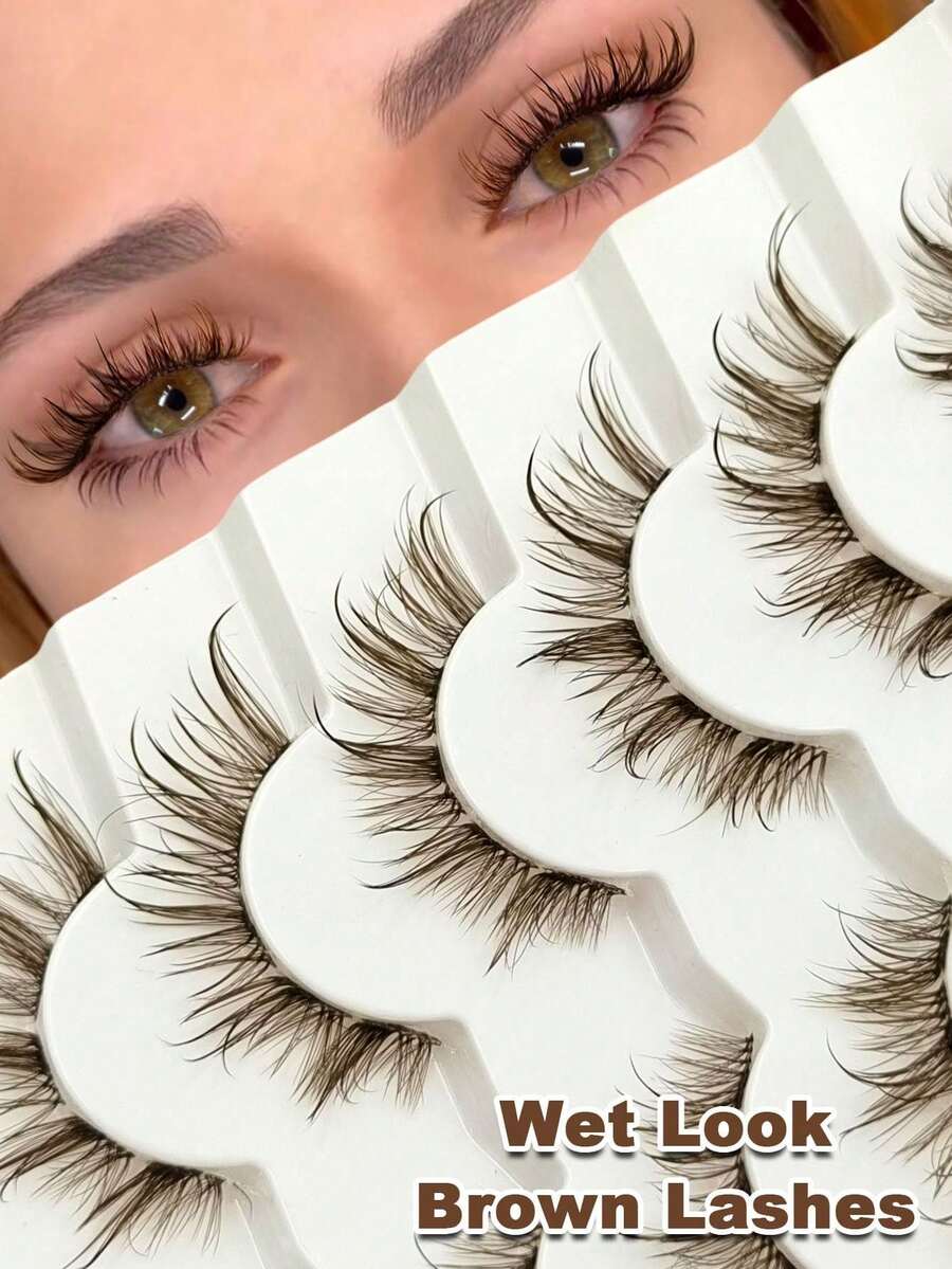 6 Pairs Wet Look Brown False Eyelashes, Clear Band, Fluffy Reusable, Extendable, For Dramatic Curly Lightweight Makeup, Makeup Tools - View 1