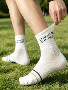 1/5 Pairs Random Men's Black, White & Navy Striped Letter Rib Knit Breathable Moisture-Wicking Short Socks, Casual Sports Style Suitable For Daily Commute - Multicolor - View 3