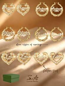 1 paire de boucles d'oreilles créoles larges de 7 cm, personnalisables avec un nom/texte, boucles d'oreilles personnalisées, boucles d'oreilles en acier inoxydable doré 18 carats à nœud de bambou - Nom rond doré - Grandes boucles d'oreilles créoles, Thanksgiving Noël - 2,76 pouces - Or mat - Voir 1