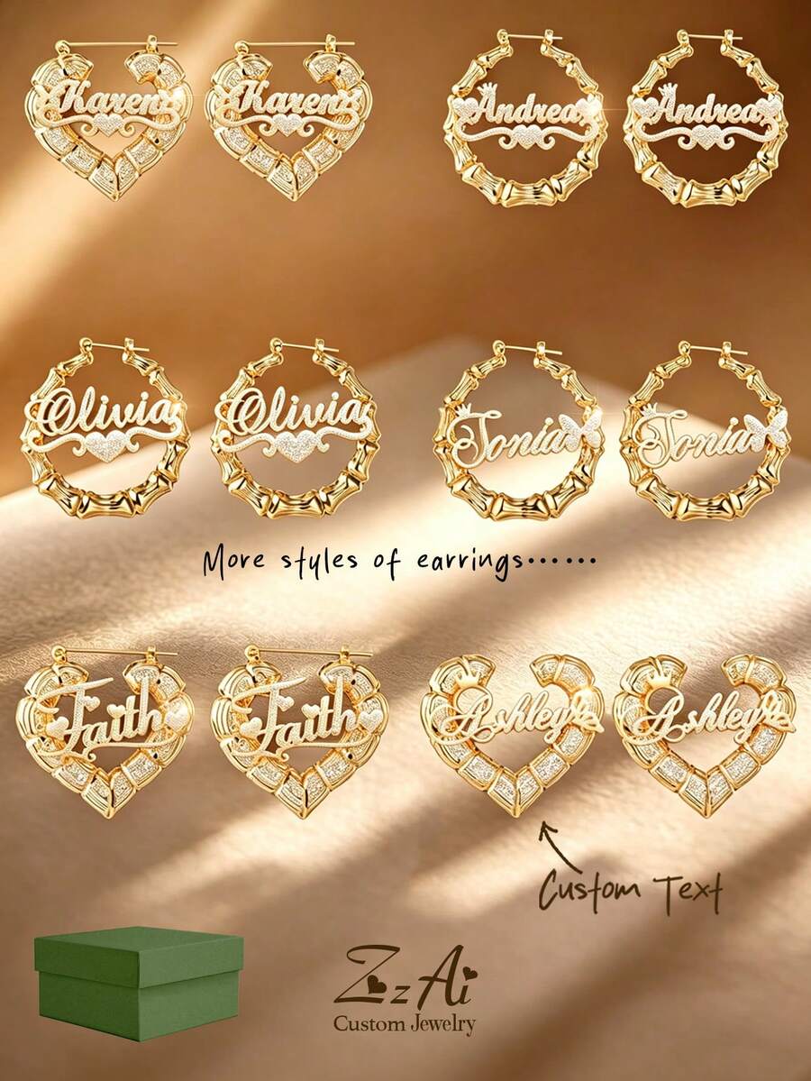 1 paire de boucles d'oreilles créoles larges de 7 cm, personnalisables avec un nom/texte, boucles d'oreilles personnalisées, boucles d'oreilles en acier inoxydable doré 18 carats à nœud de bambou - Nom rond doré - Grandes boucles d'oreilles créoles, Thanksgiving Noël - 2,76 pouces - Or mat - Voir 1