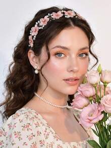 1件甜美水鑽粉色花卉髮箍 優雅新娘婚禮髮箍 節慶派對休閒女性髮飾 - 粉色 - 查看 2