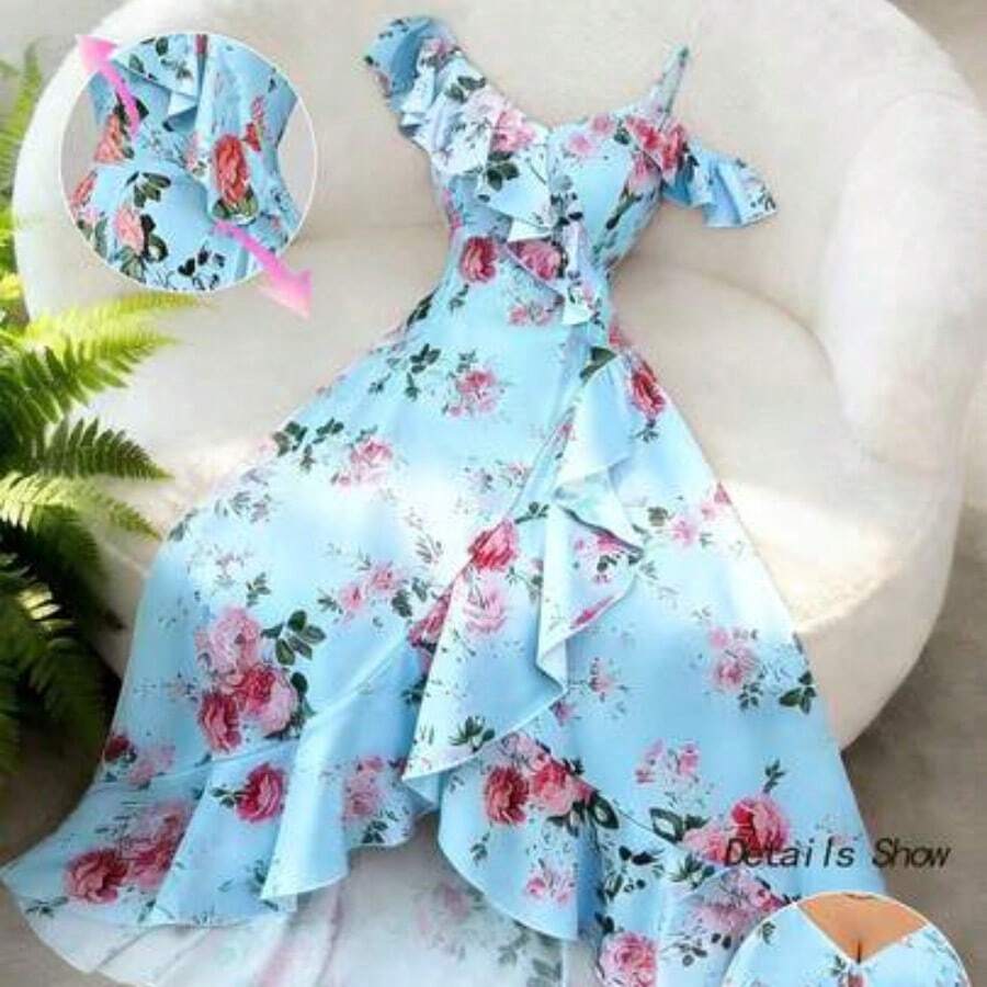 Vestido largo rosa con estampado floral, cuello oblicuo, volantes en el bajo e bajo irregular, para mujer, nuevo estilo romántico retro de palacio, para vacaciones en la playa, uso diario, citas, fiestas - Azul - Ver 1