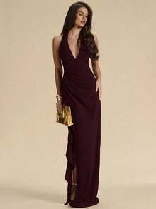 Vestido de dama de honor para primavera/verano, vestido de fiesta, vestido largo rojo con escote en V profundo, cuello halter, sexy, con volantes y abertura alta, vestido envolvente con volantes para mujer, elegante vestido maxi con cuello en V y halter con volantes para mujer - Granada - Ver 7