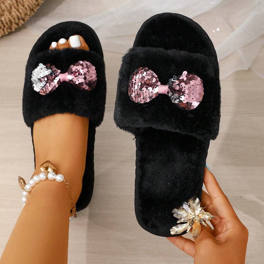 New Shiny Bow Decor Fluffy Flat Slippers, Adorable Plush Slippers For Women, Suitable For Indoor & Outdoor Wear, Warm And Comfortable Ladies Furry Flat House Slippers - Black - View 1