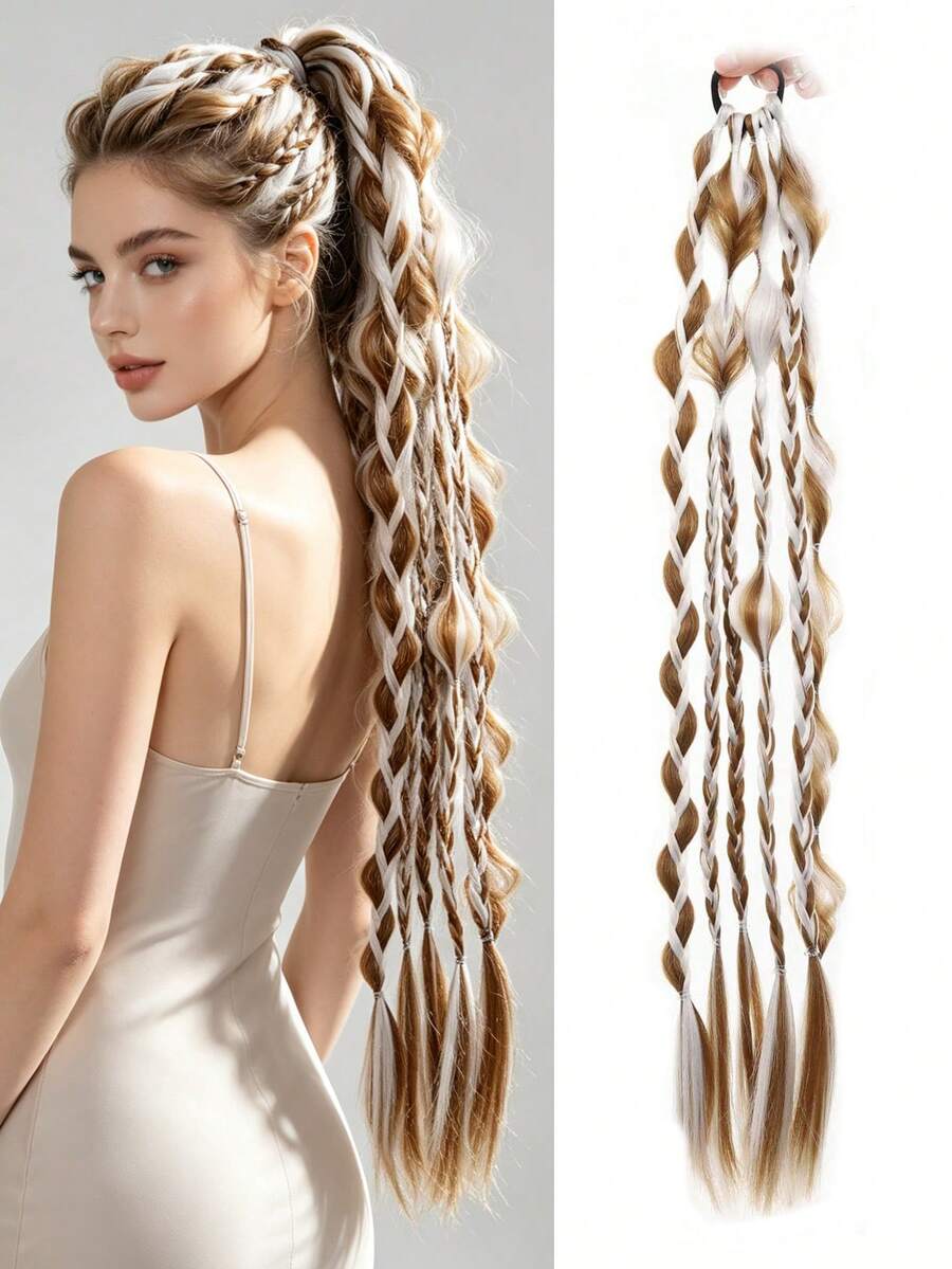 Synthetic Lantern Bubble Long Twist Braid Ponytail Extensions,24 Inch Handmade Mixed Color Bubble Twist Braids - Vacation Style Hair Extensions, Suitable For All Hair Types - Multicolor - View 1
