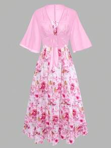 Ensemble 2 pièces pour femmes avec cardigan en mousseline élégant + robe imprimée, imprimé floral romantique sur tout le corps, élégant bohème sexy pour la nuit, les vacances, la plage, rose d'été - Rose bonbon - Voir 5