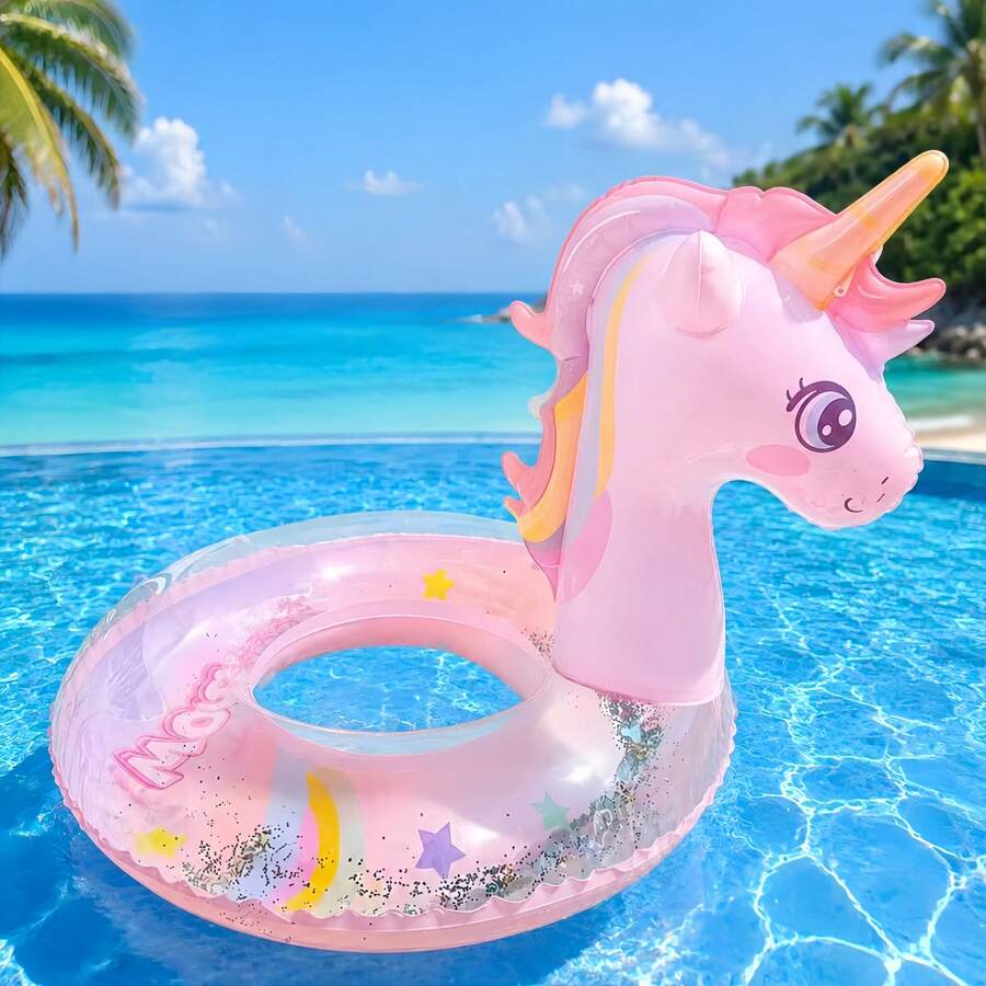 Kids Inflatable Unicorn Swim Ring With Glitter, Transparent Pink Pool Float, Summer Swimming Pool Floaties For Kids - Baby Pink - View 1
