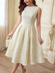 xheVintamour Vestido de mujer elegante y clásico vintage, vestido ajustado de jacquard para primavera/verano, vestido de escote barco, vestido floral rosa sobre base albaricoque, vestido rosa, vestido de vuelo de longitud mediaxhe - Rosa - Ver 3