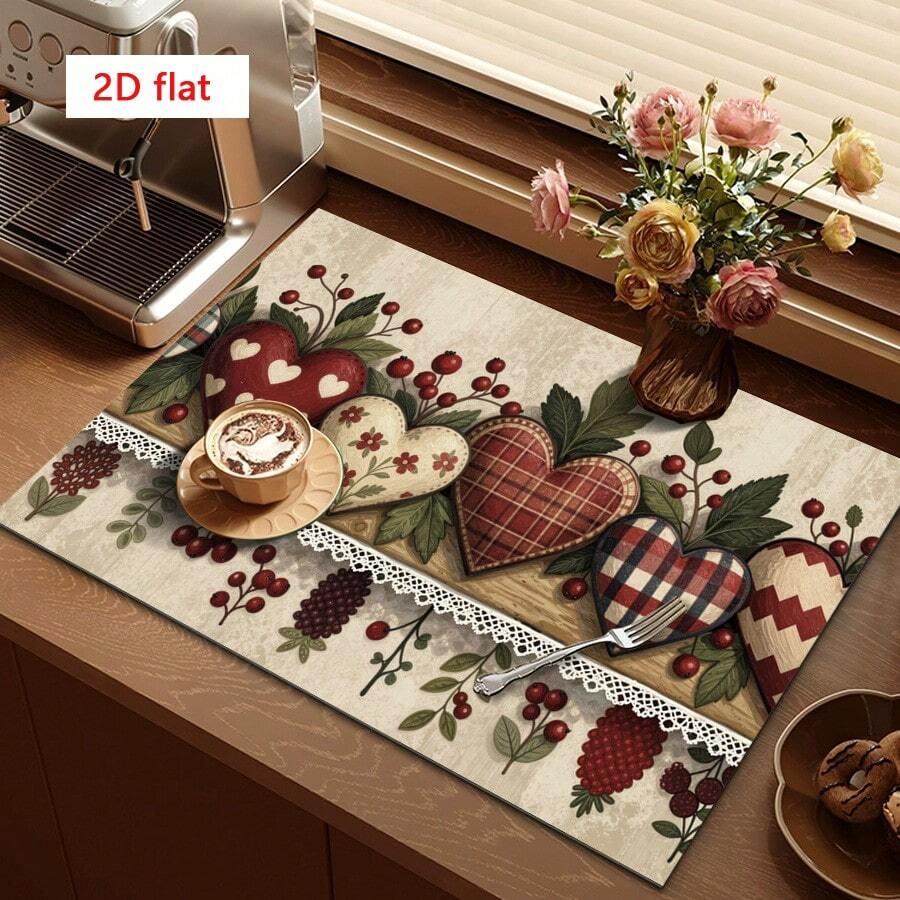1pc Vintage Heart-Shaped Berry Plaid Dish Drying Mat, Highly Absorbent, Beautifies Dining Table, Coffee Bar, Kitchen Counter, Multipurpose Drainage Pad, Home Gift, Tabletop Decor