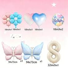 Conjunto de globos con temática de mariposas soñadoras, incluye globos con números en blanco lechoso, globos de mariposas en degradado rosa y azul, globos de margaritas, globos de corazones en degradado, adecuado como regalo sorpresa para niños y niñas, fiesta de cumpleaños con tema de hadas, reunión lúdica entre padres e hijos, decoración de habitación femenina, celebración o fiesta del centésimo día del bebé, creando una atmósfera de fiesta inspirada en cuentos de hadas, alegre, suave y enérgica - Ver 2