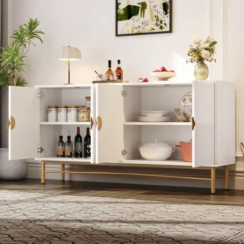 Sideboard With Raised Texture, 160cm, Cabinet With Four Doors, Gold Brushed Handles And High-Gloss Table Legs - 白色 - 查看 1