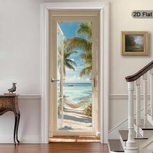 1/2pcs Tropical Beach Door Decal, Peel And Stick Palm Tree Wall Mural, Seascape Door Sticker - Modern Door Wall Sticker, Removable Vintage Door Art, Bedroom Living Room Door Decor, 2D Flat - A - View 2