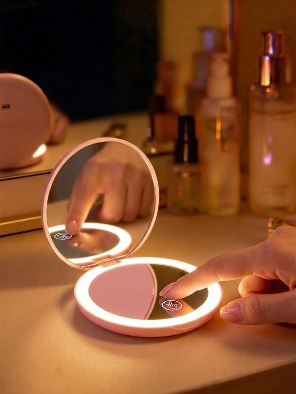 Espejo de maquillaje LED, espejo compacto portátil y plegable, espejo de maquillaje iluminado para viajes, espejo cosmético de tocador con luces, batería recargable, espejo LED regulable, accesorios de viaje para maquillaje, regalos de cumpleaños, regalos para mamá y amigos