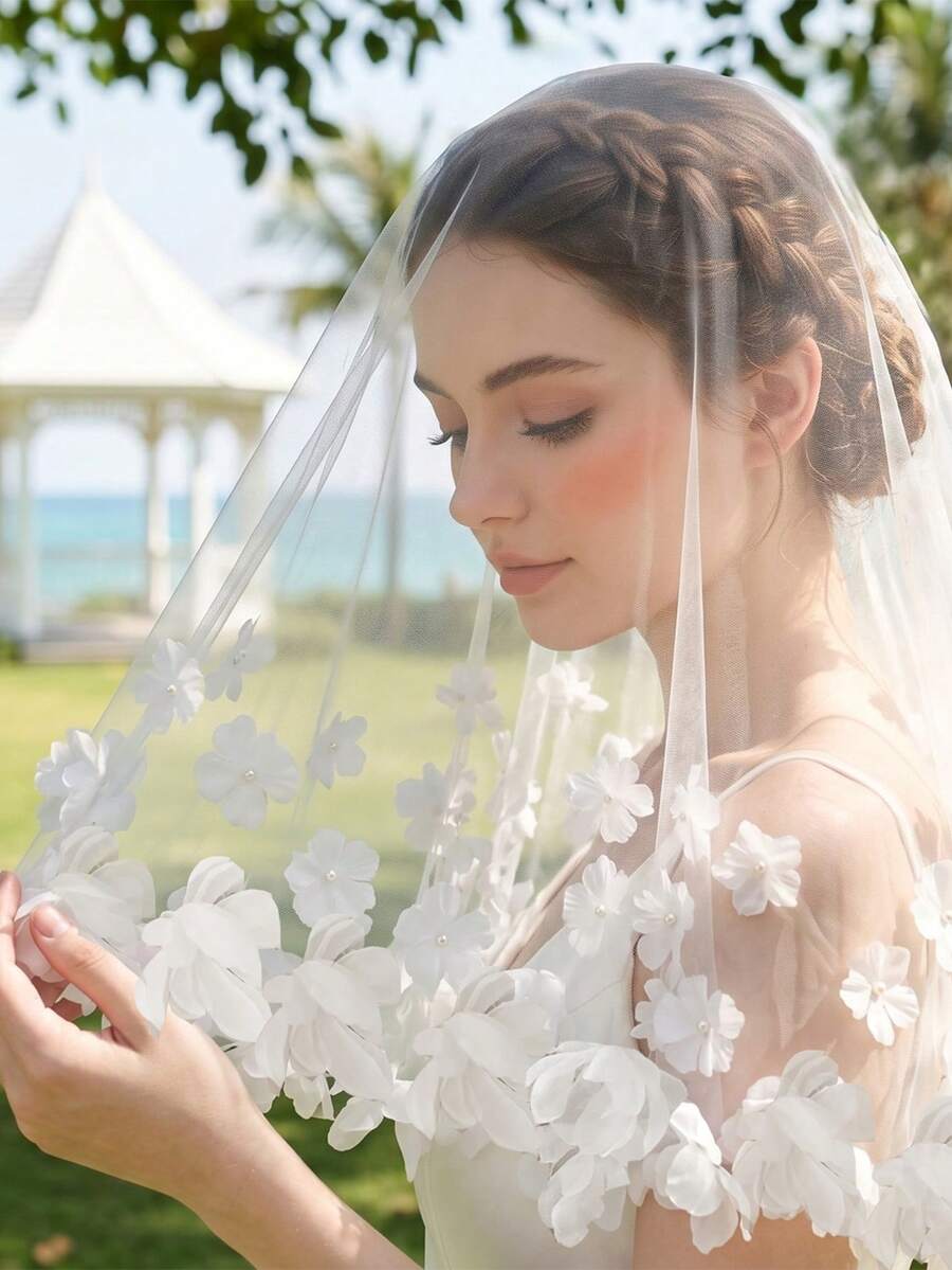 1pc 3D Chiffon Flower Cluster Bridal Veil, Short Wedding Face Covering Veil
