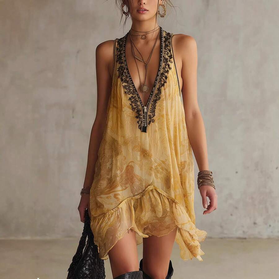 2026 New Style Yellow Printed Strap Dress Women, Summer Hollow Lace Trim Beach Dress, Short Dress - 圖片色 - 查看 1