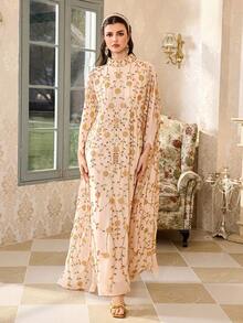 Elegant Embroidered Long Robe, Stand Collar, Pearl Embroidery, Batwing Half Sleeves, Soft Fabric Suitable For Parties And Formal Events - Apricot - View 9