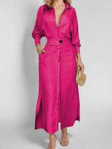2026 Women's Elegant Clothing Scroll Solid Color Strap Waist Dress Long Dress - 玫紅色 - 查看 1