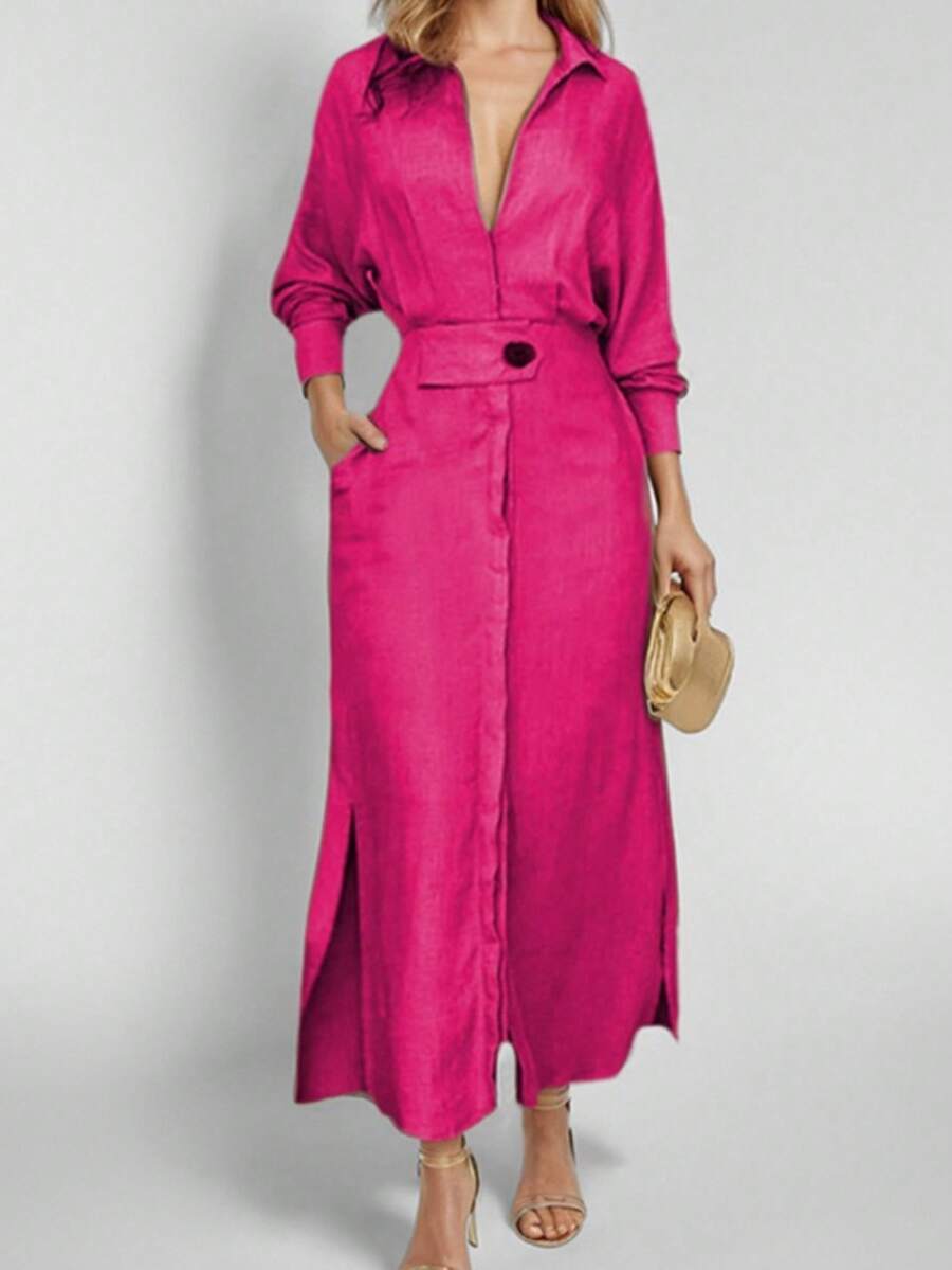 2026 Women's Elegant Clothing Scroll Solid Color Strap Waist Dress Long Dress - 玫紅色 - 查看 1