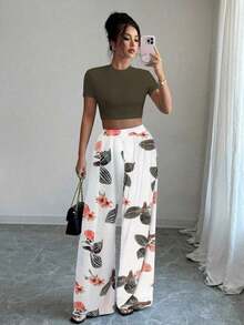 Conjunto de Top corto con estampado floral y pantalones largos con estampado de plantas para mujeres, para primavera/verano - Blanco - Ver 11