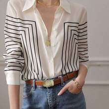 Women's fashion YUXIN Blusa de seda con rayas geométricas para mujer, de manga larga y ajustada con cuello, transpirable y de moda, adecuada para la oficina/ocasiones sociales ligeras casuales - Rojo - Ver 4