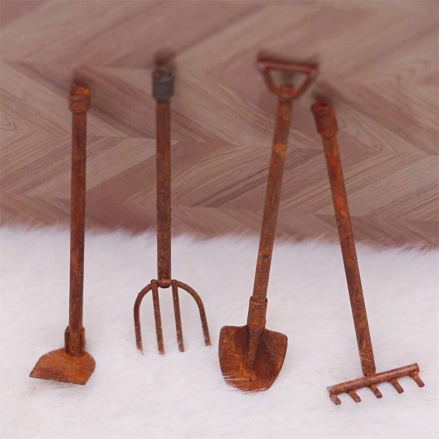 Mini Rusty Wrought Iron Gardening Tool Ornaments, Dollhouse Micro Landscape Garden Decor, Miniature Home Scene Accessories, Ideal Collectible Gift For Hobby Enthusiasts - A - View 1