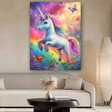 Enmarcado Póster plano 2D, 1 unidad, Unicornio Fantasía - Unicornio Arcoíris y Mariposa, , Impresión Vertical en Lienzo Adecuado para Regalo, Decoración de Habitación, Dormitorio, Pintura de Pared Art Déco Moderna, Decoraciones Mágicas para la Hora de Dormir, Plano 2D - Enmarcado - Ver 1