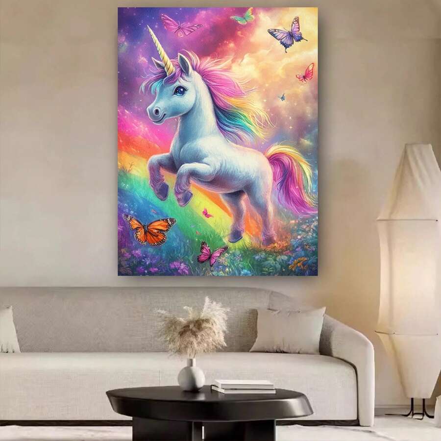 Enmarcado Póster plano 2D, 1 unidad, Unicornio Fantasía - Unicornio Arcoíris y Mariposa, , Impresión Vertical en Lienzo Adecuado para Regalo, Decoración de Habitación, Dormitorio, Pintura de Pared Art Déco Moderna, Decoraciones Mágicas para la Hora de Dormir, Plano 2D - Enmarcado - Ver 1