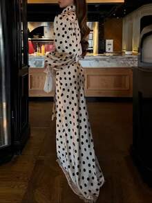 Vintage Polka Dot Maxi Dress, Puff Sleeve V-Neck With Neck Tie For Retro Style - White - View 4