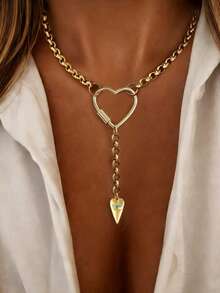 1pc Gold Heart Necklace With Full Rhinestone Round Pendant And Stainless Steel Chain, Elegant Holiday Party Gift For Women - Yellow Gold - View 4