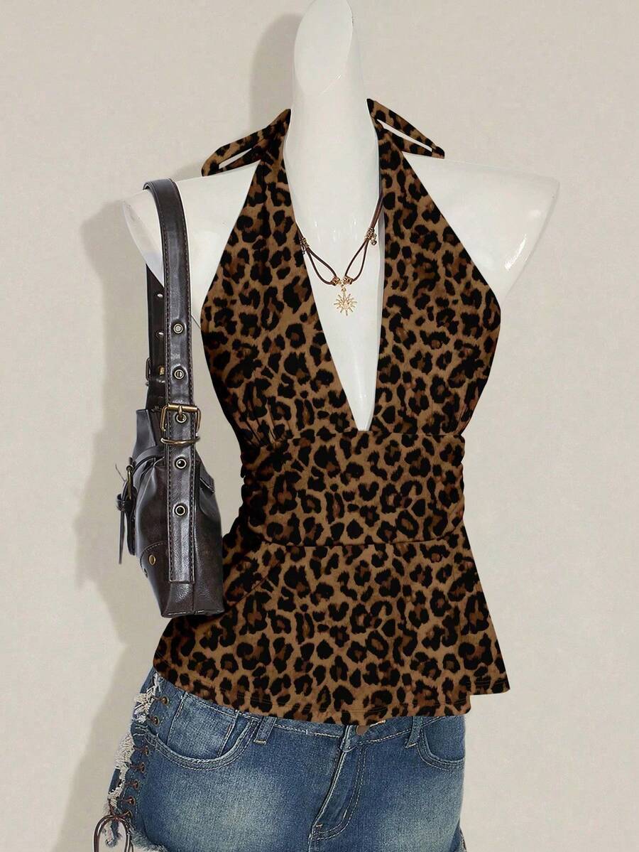 Top sin espalda de halter estilo boho marrón para salir, tipo babydoll, para primavera a verano - estampado de leopardo - Ver 1