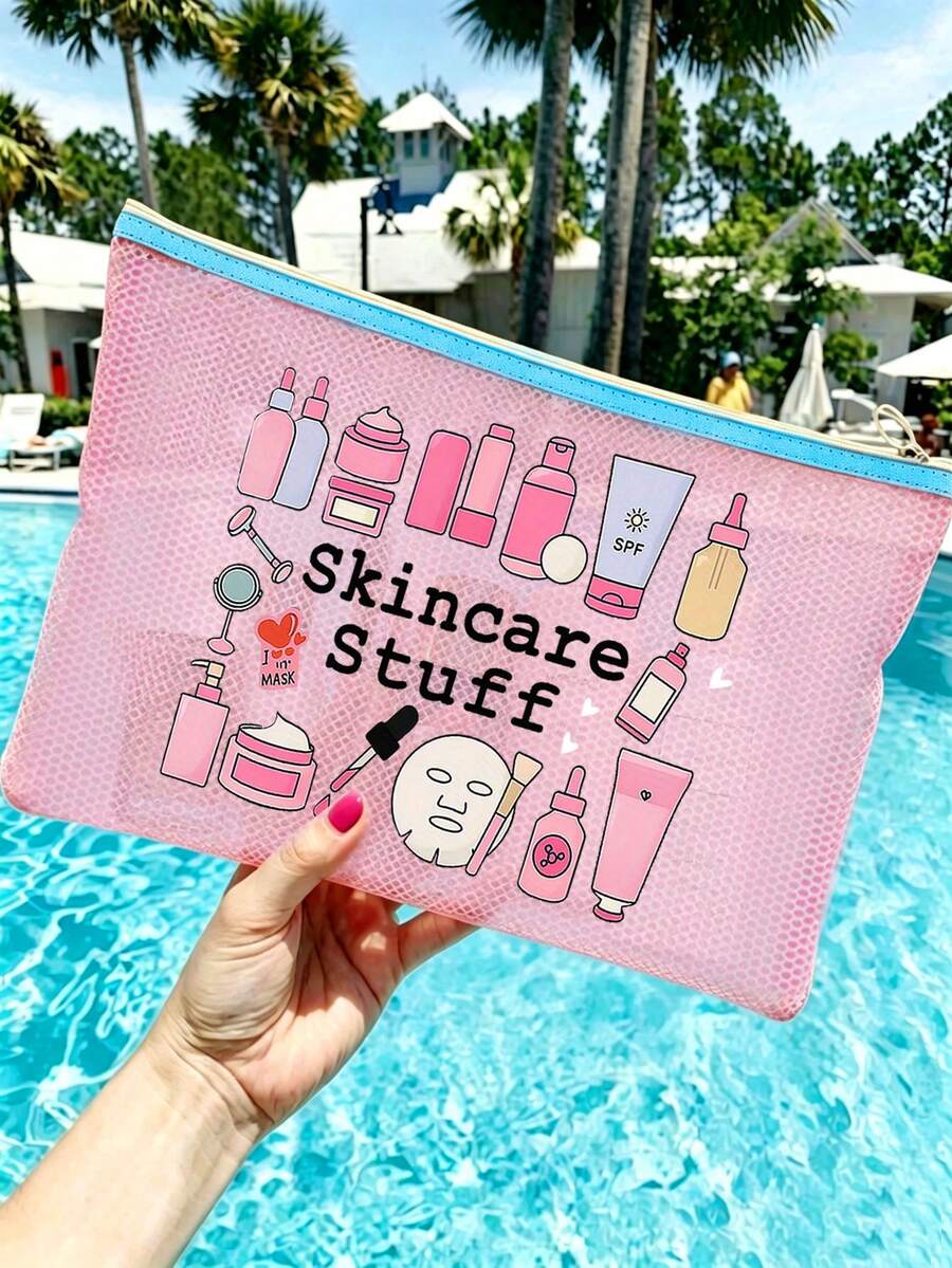 Mesh Makeup Bag With Face Mask Pattern, "Skincare" Lettering Design, Multifunctional Cosmetic Bag, Portable Storage Pouch, Skincare Bag, Travel Essential, Dorm Supplies, Bathroom Storage, Jewelry Storage, Lipstick And Cosmetic Storage Bag, School Supplies Bag, Holiday Essential Makeup Bag, Cosmetic Storage, Wedding Bride Gift, Mother's Day Gift, Birthday Gift, Gift For Friends And Teachers - Multicolor - View 1