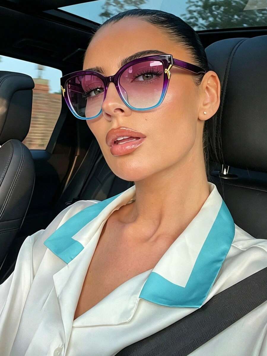 1pc Unisex Cat Eye Shaped PC Frame Glasses, Solid Color Retro Fashion Eyeglasses Suitable For Daily Wear - Ombre - View 1