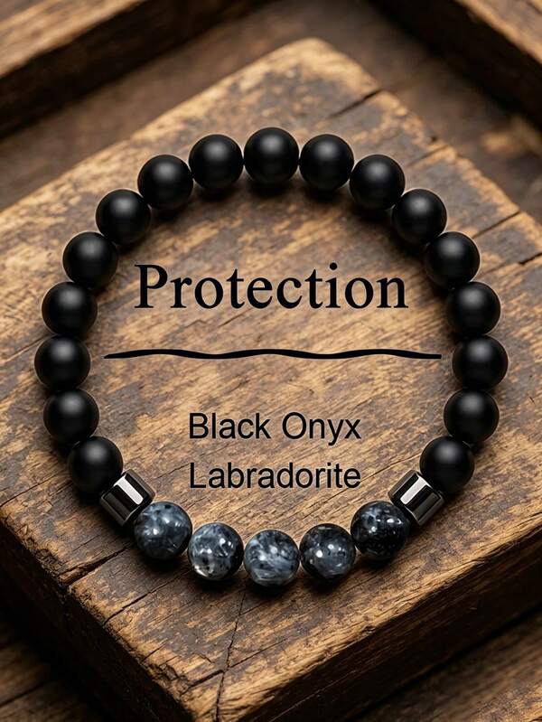 Larvikite Matte Onyx Protection Bracelet, Absorb Negative Energy, Emotional Balance, Inner Harmony Meditation Men Jewelry Suitable For Holiday Gift
