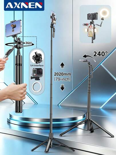 AXNEN Gậy selfie hợp kim nhôm siêu dài 2m (79 inch) - Chân đế xoay 360° cân bằng và ổn định, Chân đế điện thoại đa chức năng có thể kéo dài với điều khiển từ xa không dây, Tương thích với điện thoại iOS và Android, Dùng cho selfie, quay video, vlog, phát trực tiếp, C08