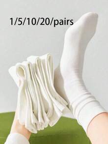 1/4 Pair Women White Simple Fashionable Versatile Breathable Moisture-Wicking Casual Mid-Calf Socks, Spring/Summer - White - View 12