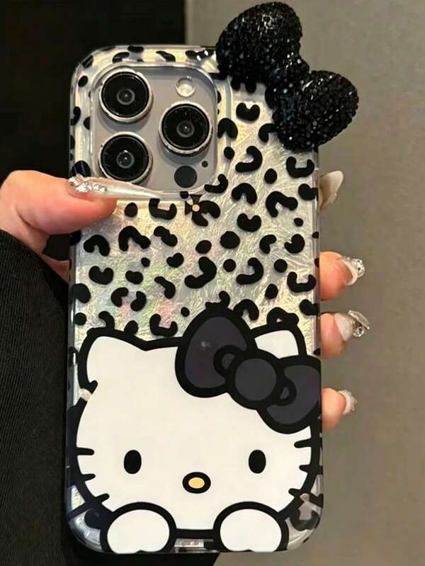 SANRIO 1 pièce Étui de téléphone avec texture de feuille d'étain à gros trou, imprimé léopard noir et blanc, chat KT + nœud, convient pour iPhone 11-17 Pro Max
