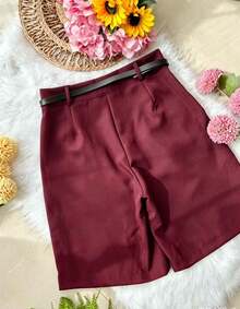 Bermuda Alfaiataria Short Femenina Com Cinto com zipel com bolsa - Vinho - Visão 4